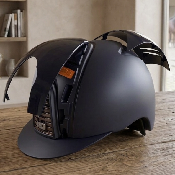 A matte black riding helmet with a rear wing and visor sits on a rustic wooden table in a warm, indoor setting with bookshelves in the background.