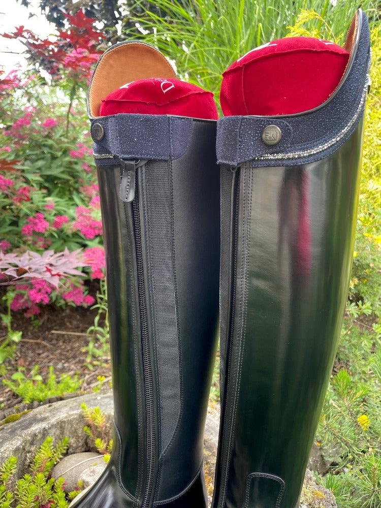 Custom DeNiro Raffaello Dressage Boot - Brushed Black with Blue Regal Uptop  & Fineline Swarovski