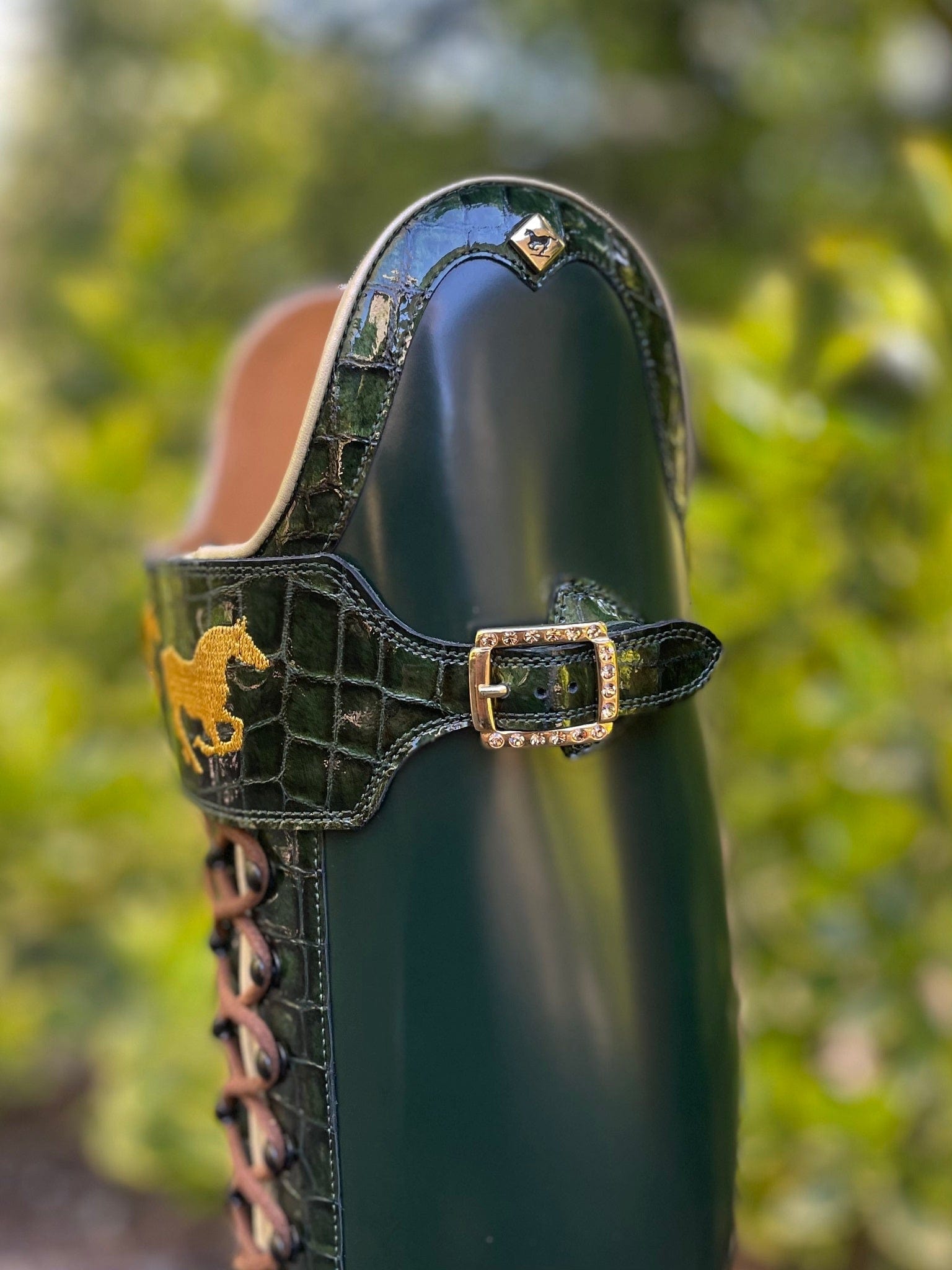 DeNiro Tintoretto Dressage Boot - Brushed Green with Rondine Lucidi Venato Bosco & Polo Strap