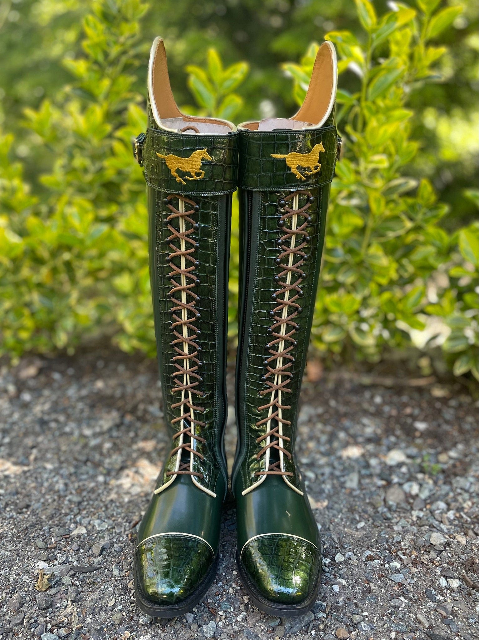 DeNiro Tintoretto Dressage Boot - Brushed Green with Rondine Lucidi Venato Bosco & Polo Strap