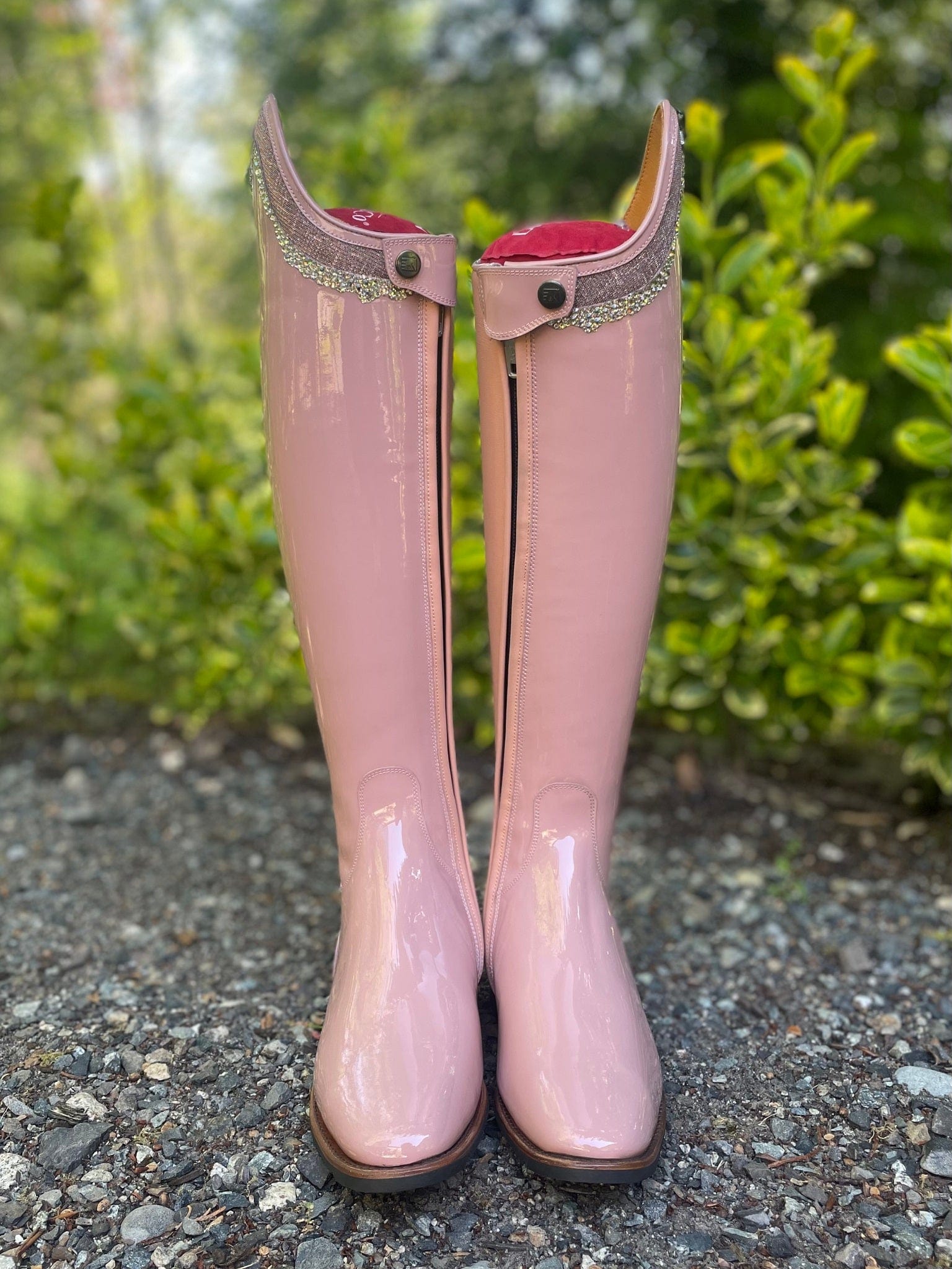 DeNiro Bellini Dressage Boot - Patent Glicine with Rondine Iride Pink & Swarovski Collier