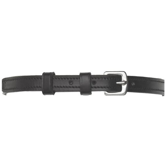 A black leather belt with a silver buckle, shown horizontally against a white background.