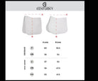 Kentucky size guide diagram showing two white horse boots with red dashed measurement lines labeled A and B, plus a size table with dressage, Cob, and Pony measurements in centimeters.