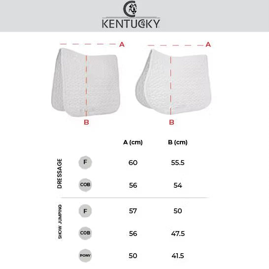 Kentucky size guide diagram showing two white horse boots with red dashed measurement lines labeled A and B, plus a size table with dressage, Cob, and Pony measurements in centimeters.
