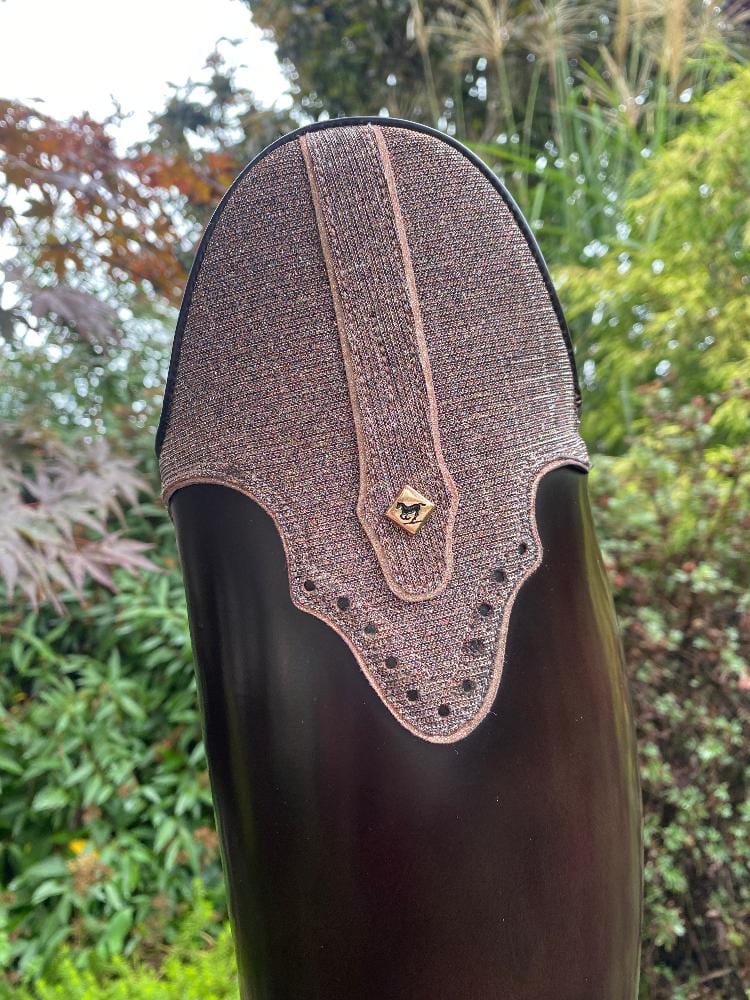 Custom DeNiro Winter Bellini Dressage Boot- Brushed Brown with Iride Pink America Top close up