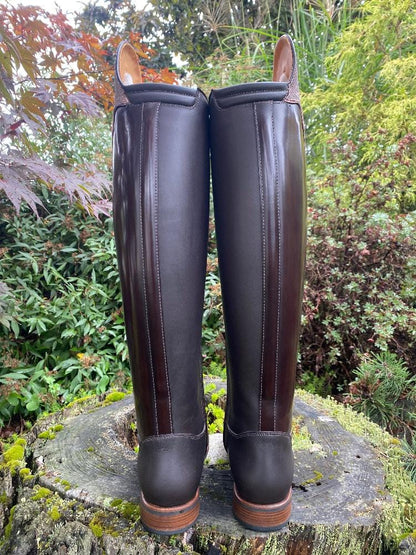 Custom DeNiro Winter Bellini Dressage Boot- Brushed Brown with Iride Pink America Top rear view