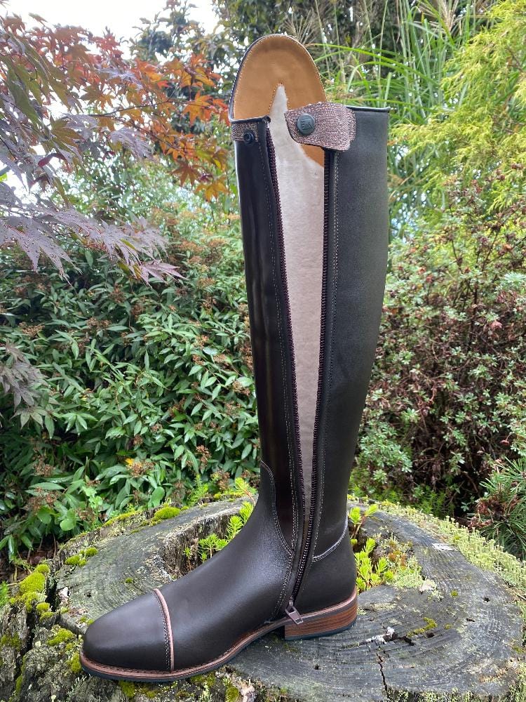 Custom DeNiro Winter Bellini Dressage Boot- Brushed Brown with Iride Pink America Top unzipped showing lambskin lining