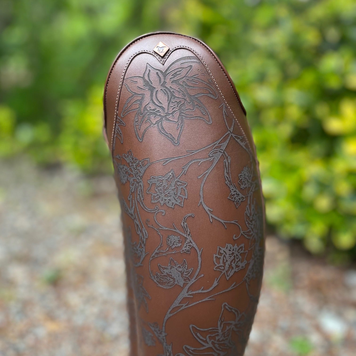 DeNiro Bellini Dressage Boot - WRAT Brown 527 with Floral Etched Calf & Corten Emblem