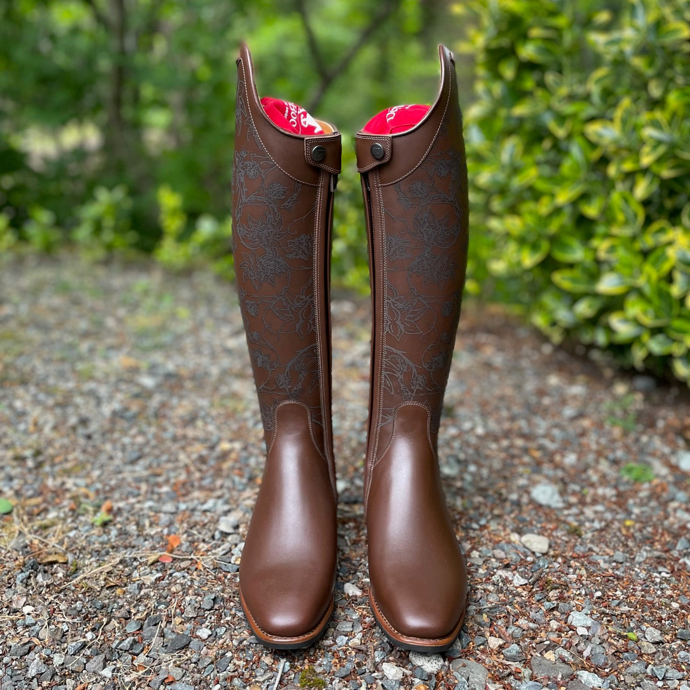 DeNiro Bellini Dressage Boot - WRAT Brown 527 with Floral Etched Calf & Corten Emblem