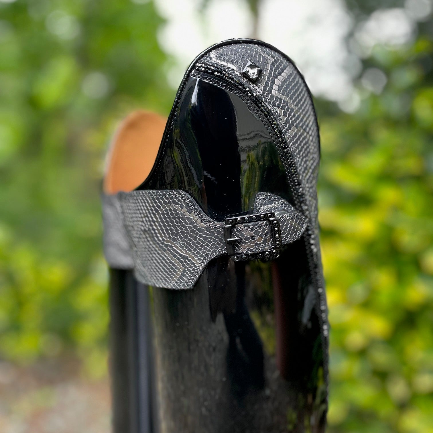 DeNiro Bellini Dressage Boot - Patent Black with Mica Regal, Big Strap, & Hematite Swarovski Fineline