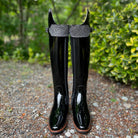 DeNiro Bellini Dressage Boot - Patent Black with Mica Regal, Big Strap, & Hematite Swarovski Fineline