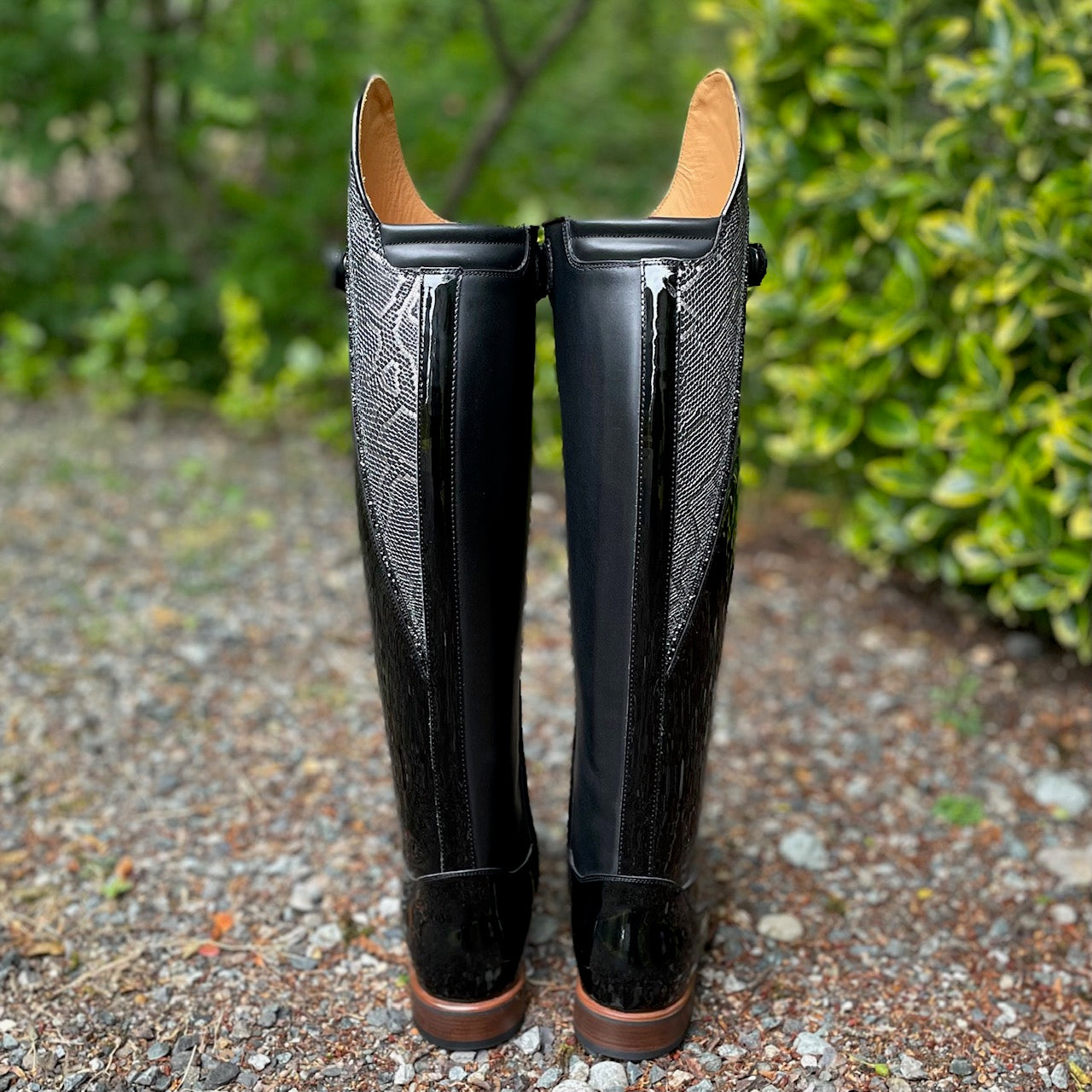 DeNiro Bellini Dressage Boot - Patent Black with Mica Regal, Big Strap, & Hematite Swarovski Fineline