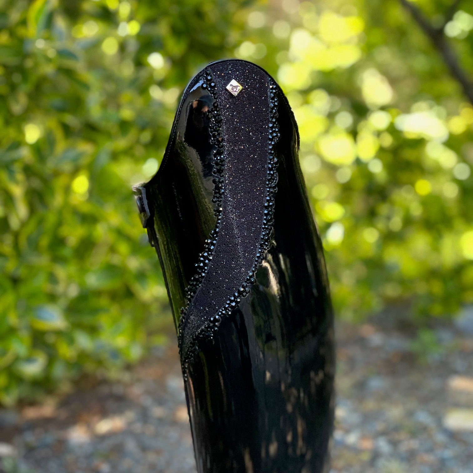 DeNiro Bellini Custom Dressage Boot - Patent Black with Swarovski Fabric Helen Top