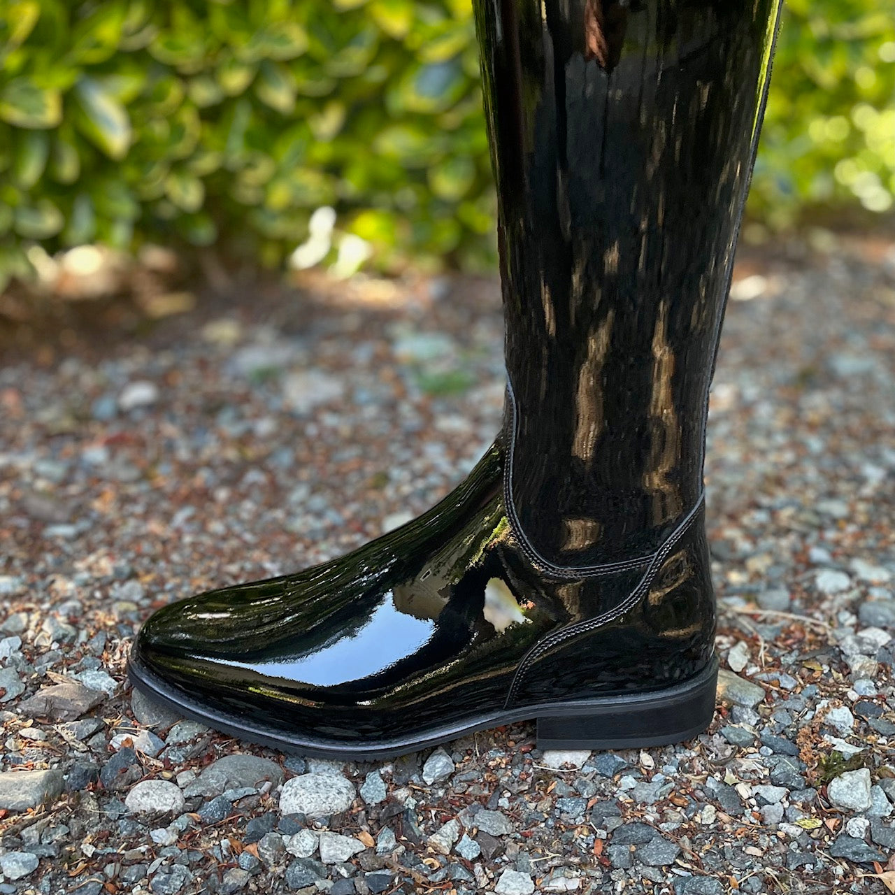 DeNiro Bellini Custom Dressage Boot - Patent Black with Swarovski Fabric Helen Top