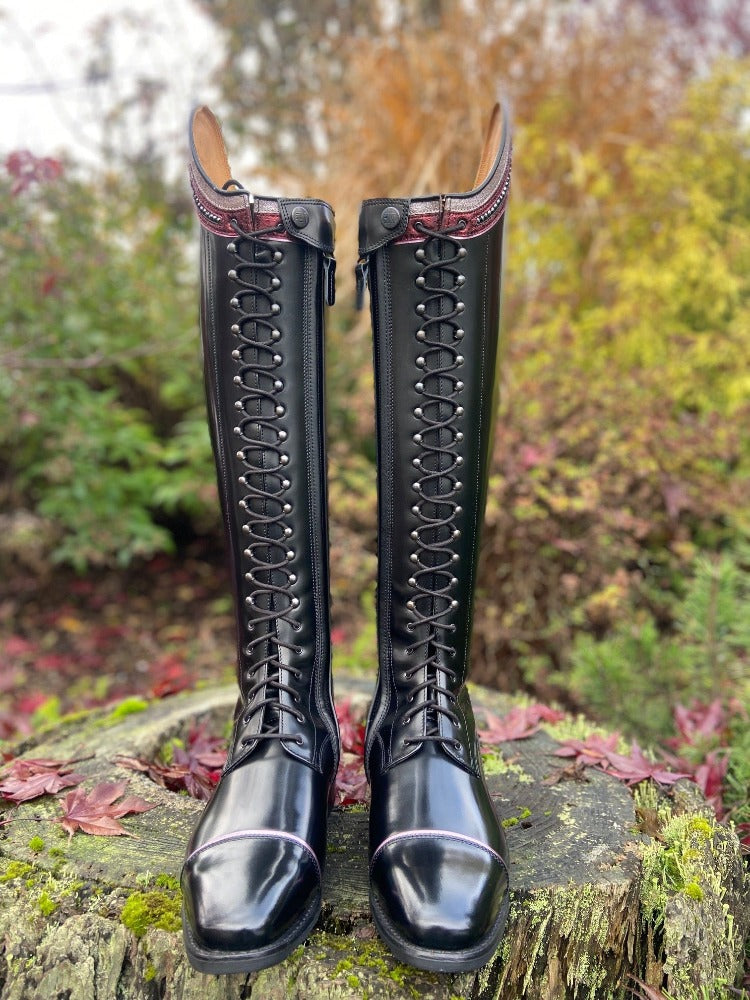 Custom DeNiro Tintoretto Dressage Boot - Brushed Black with Glitter Pink Rondine, BG Bordeaux, & Swarovski