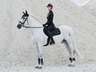 Person riding a white horse on a sandy surface