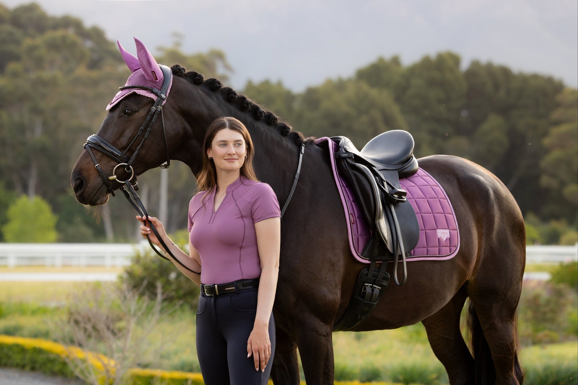 Woman standing next to a horse with a purple saddle pad in an outdoor setting