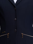 Navy blue blazer with gold zippers and buttons on a white background