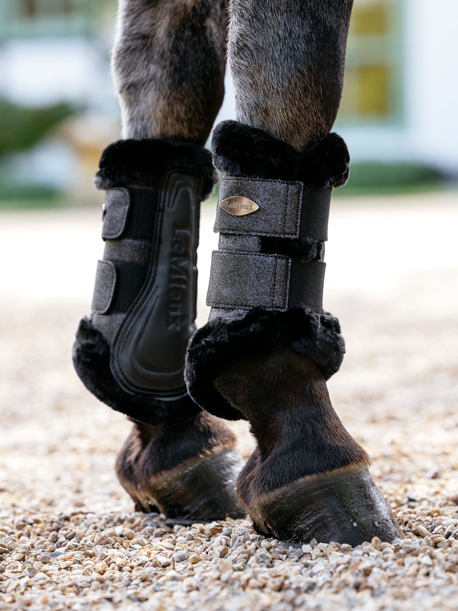 Horse legs wearing black protective boots with fur trim on a gravel surface.