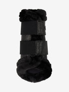 Pair of black and gray horse leg wraps on a white background