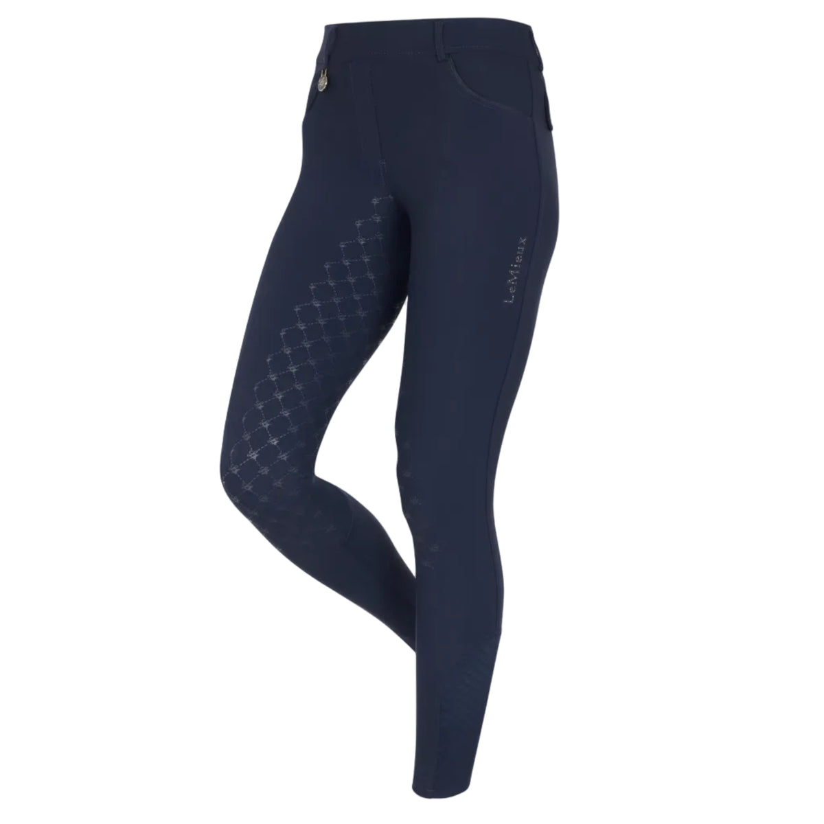 A pair of navy blue equestrian riding breeches with a subtle diamond-patterned texture on the inner thighs and a small white LeMieux logo on the side, shown against a light gray background.