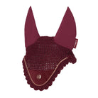 A burgundy equestrian horse fly veil with upright ear covers, a crocheted mesh face panel, and a scalloped lace trim, shown on a light gray background. A small brand tag on the side reads 'LeMieux'.