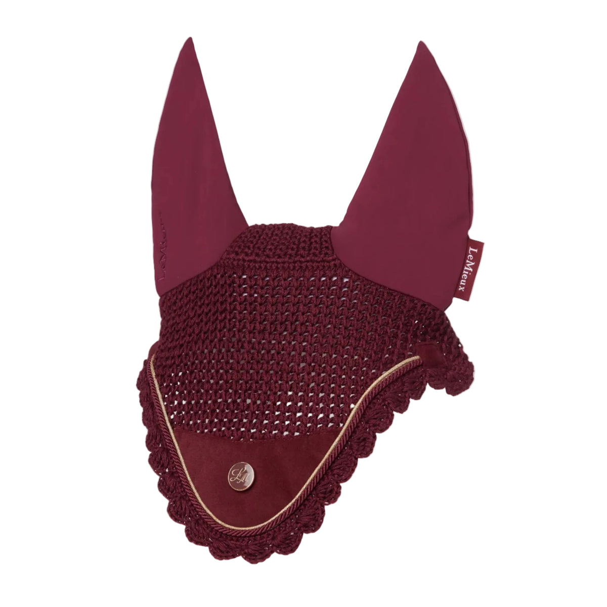 A burgundy equestrian horse fly veil with upright ear covers, a crocheted mesh face panel, and a scalloped lace trim, shown on a light gray background. A small brand tag on the side reads 'LeMieux'.