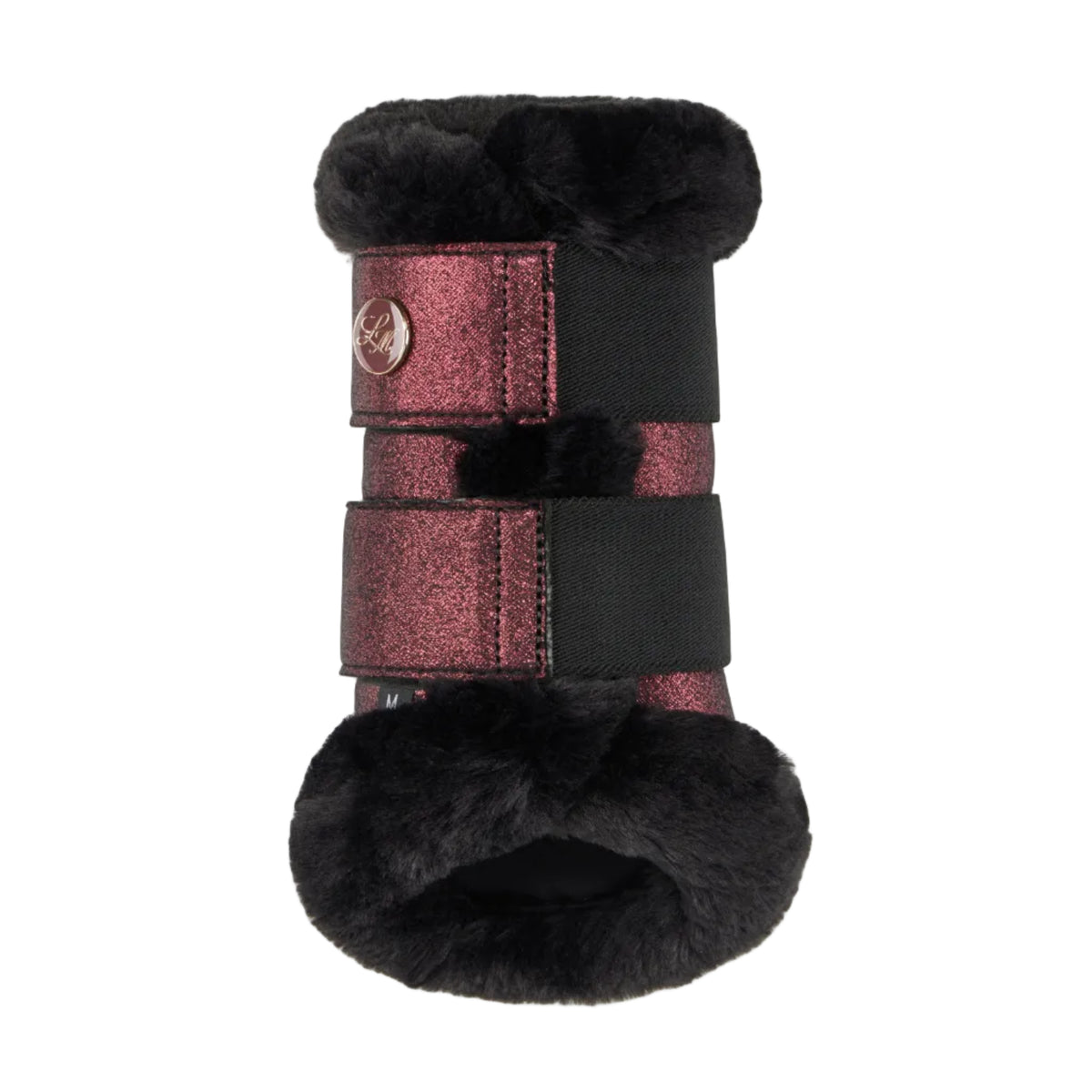 A winter boot or shoe bootie featuring black faux fur trim and a metallic rose gold glitter strap with a black elastic band and hook-and-loop closure, shown against a plain light gray background.