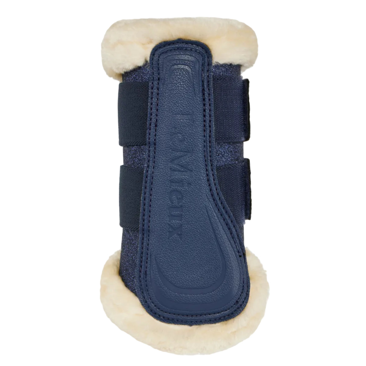 A navy blue leather horse boot with cream-colored shearling lining on the top and bottom, featuring adjustable navy straps and the embossed brand name 'LeMieux' on the front.