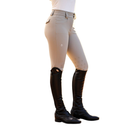 Beige equestrian riding breeches shown on a model from the waist down, paired with black leather riding boots against a plain white background.