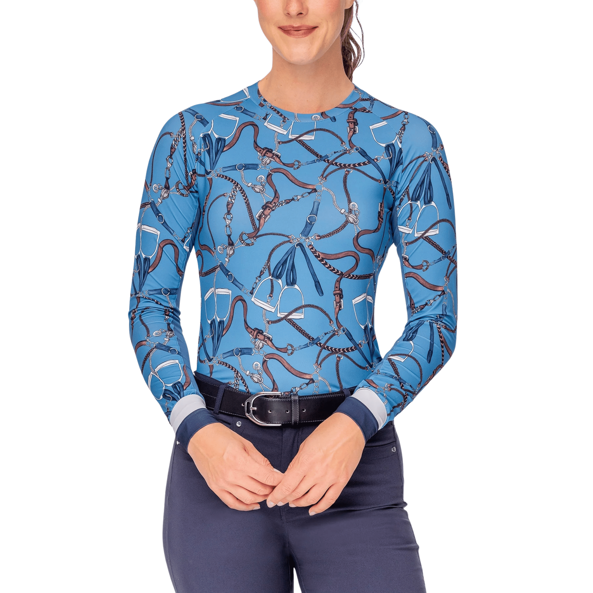 Person wearing a blue equestrian patterned shirt on a white background