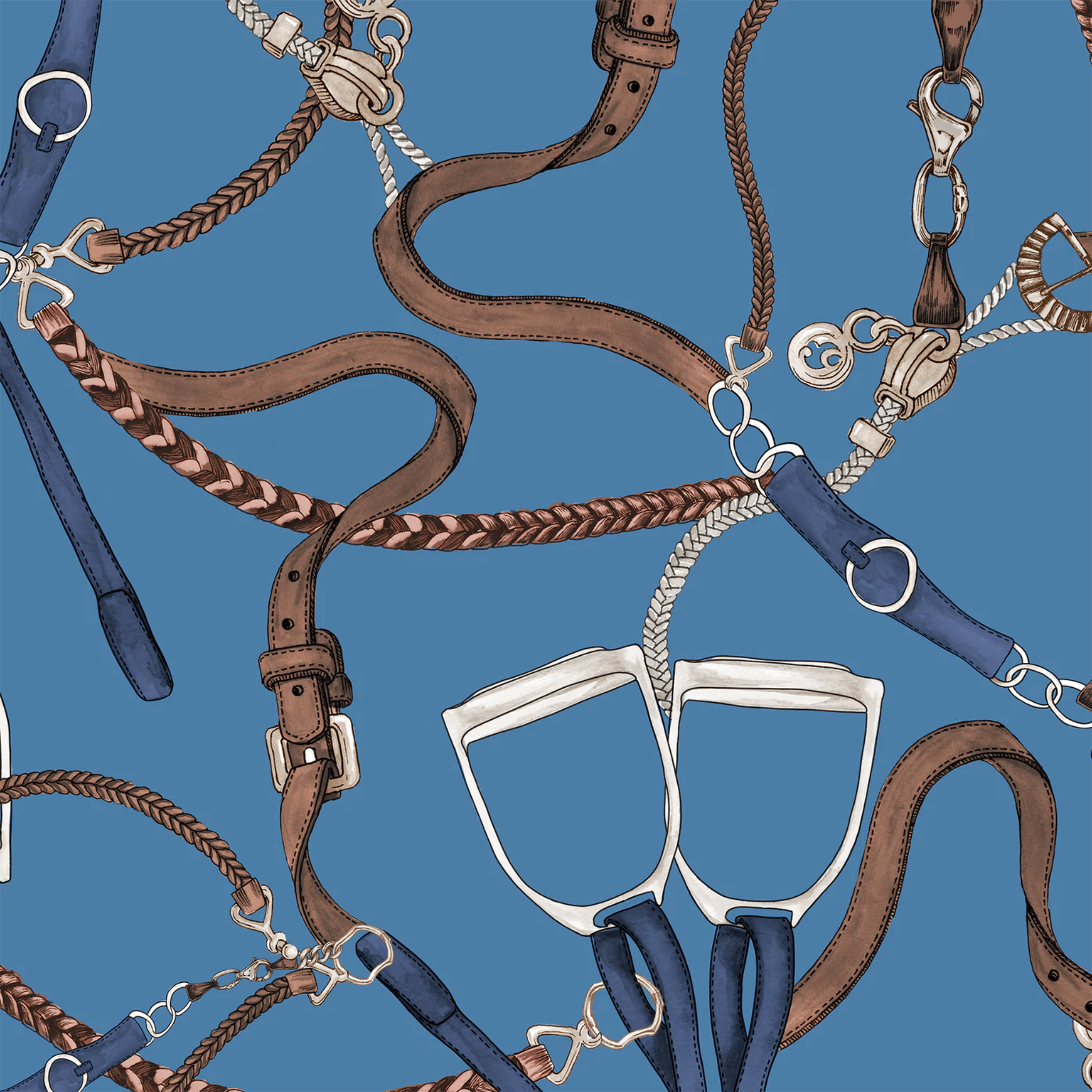 Pattern of horse reins and bits on a blue background