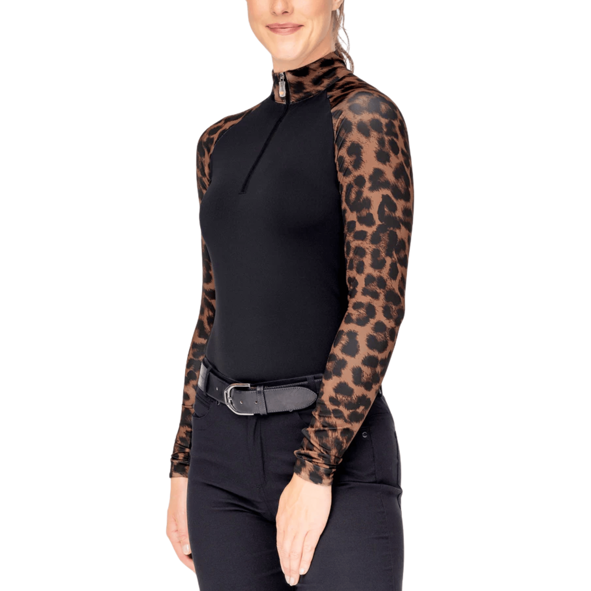 Person wearing a black top with leopard print sleeves on a white background