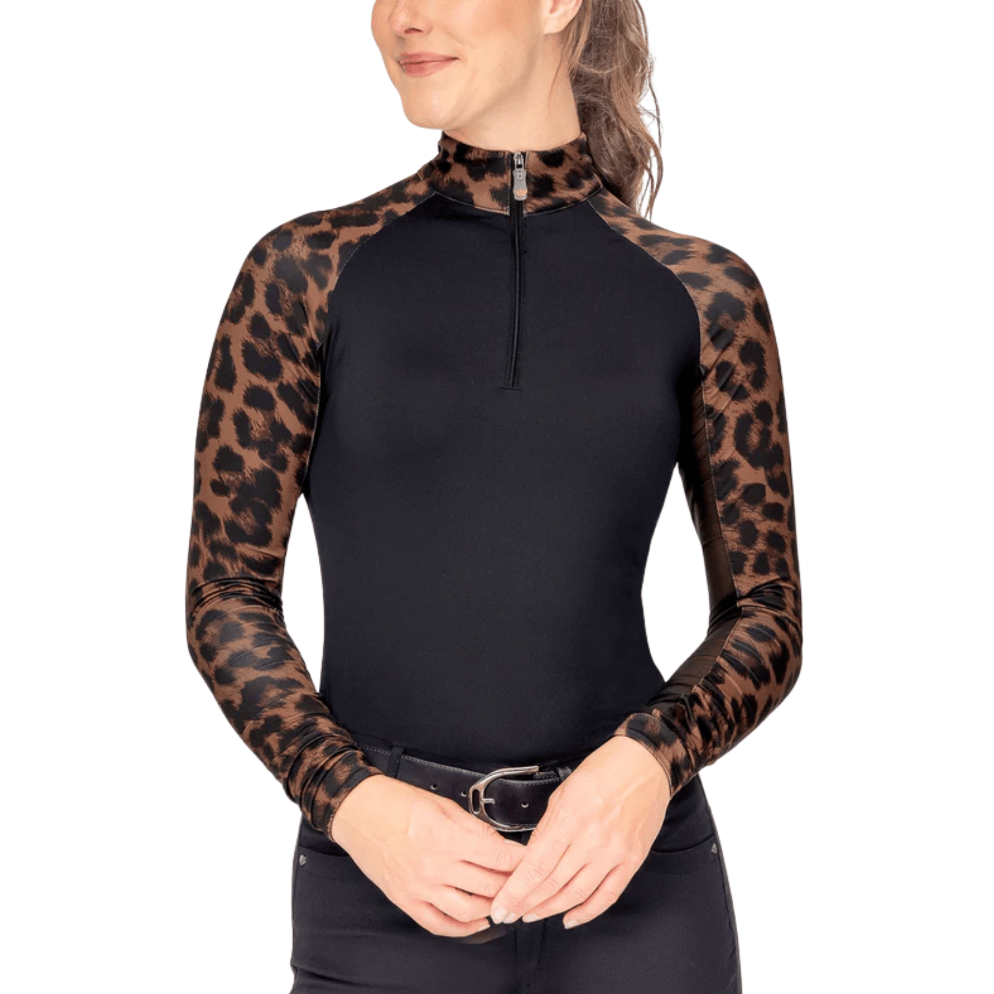 Black top with leopard print sleeves worn by a person on a white background