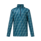 A teal blue long-sleeve quarter-zip pullover jacket with an allover white interlocking chain pattern, shown against a plain white background.