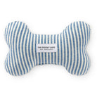 Blue and white striped bone-shaped dog toy with 'The Foggy Dog' label on a white background