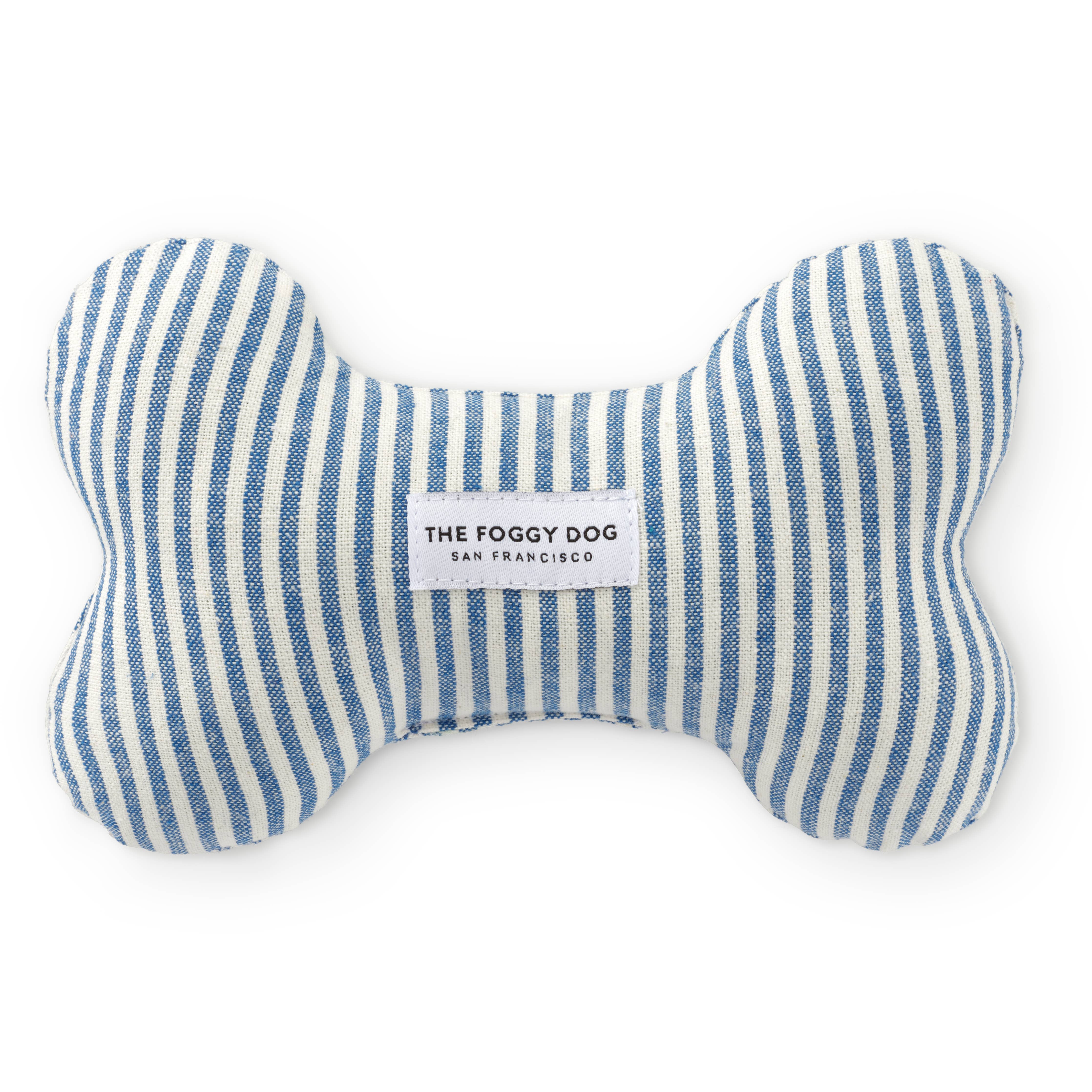 Blue and white striped bone-shaped dog toy with 'The Foggy Dog' label on a white background