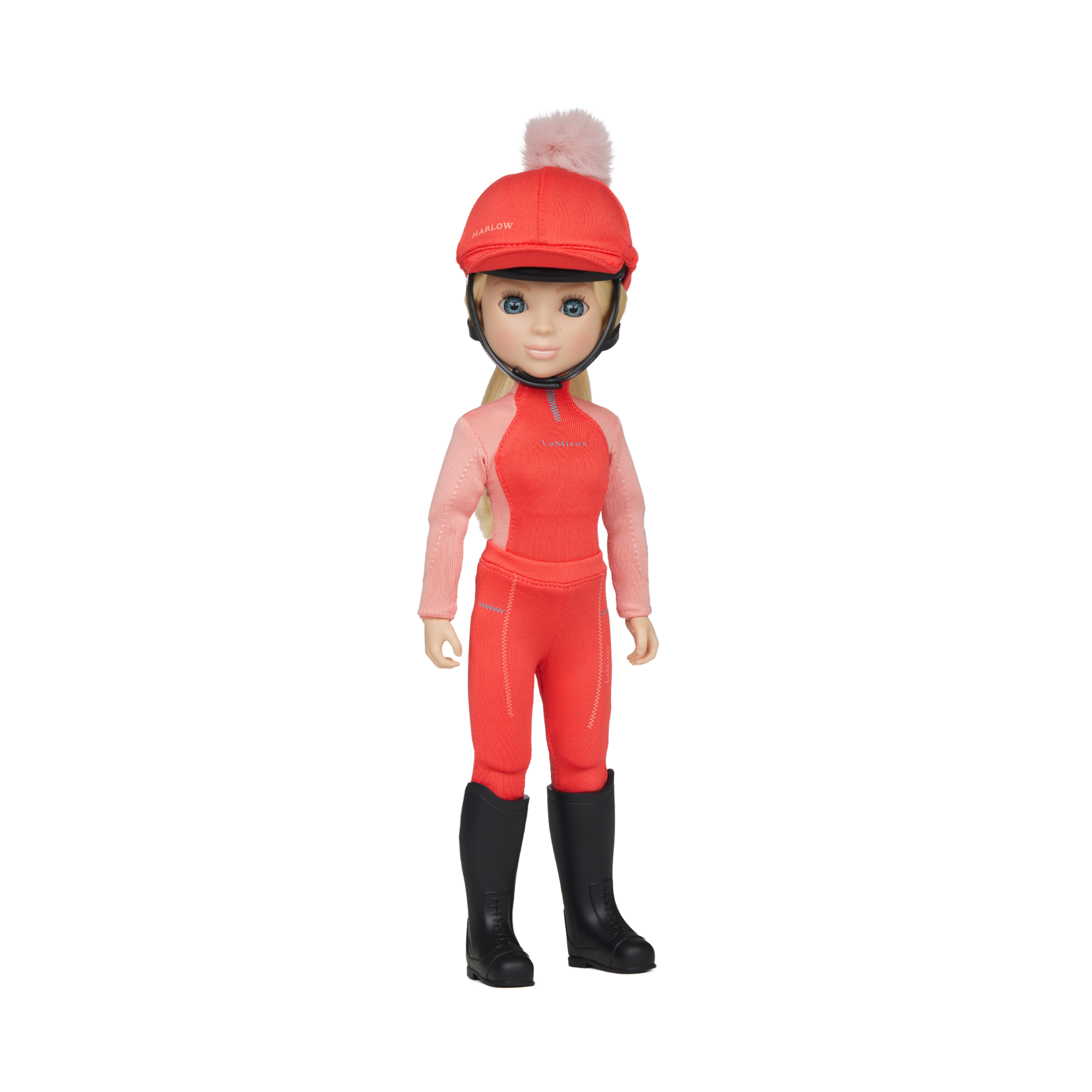 Doll in a red equestrian outfit with a helmet on a white background