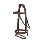 Brown leather horse bridle with gold accents on a white background
