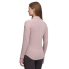 A woman shown from the back wearing a fitted long-sleeve athletic top in a dusty pink color, paired with dark gray leggings, against a plain white background.