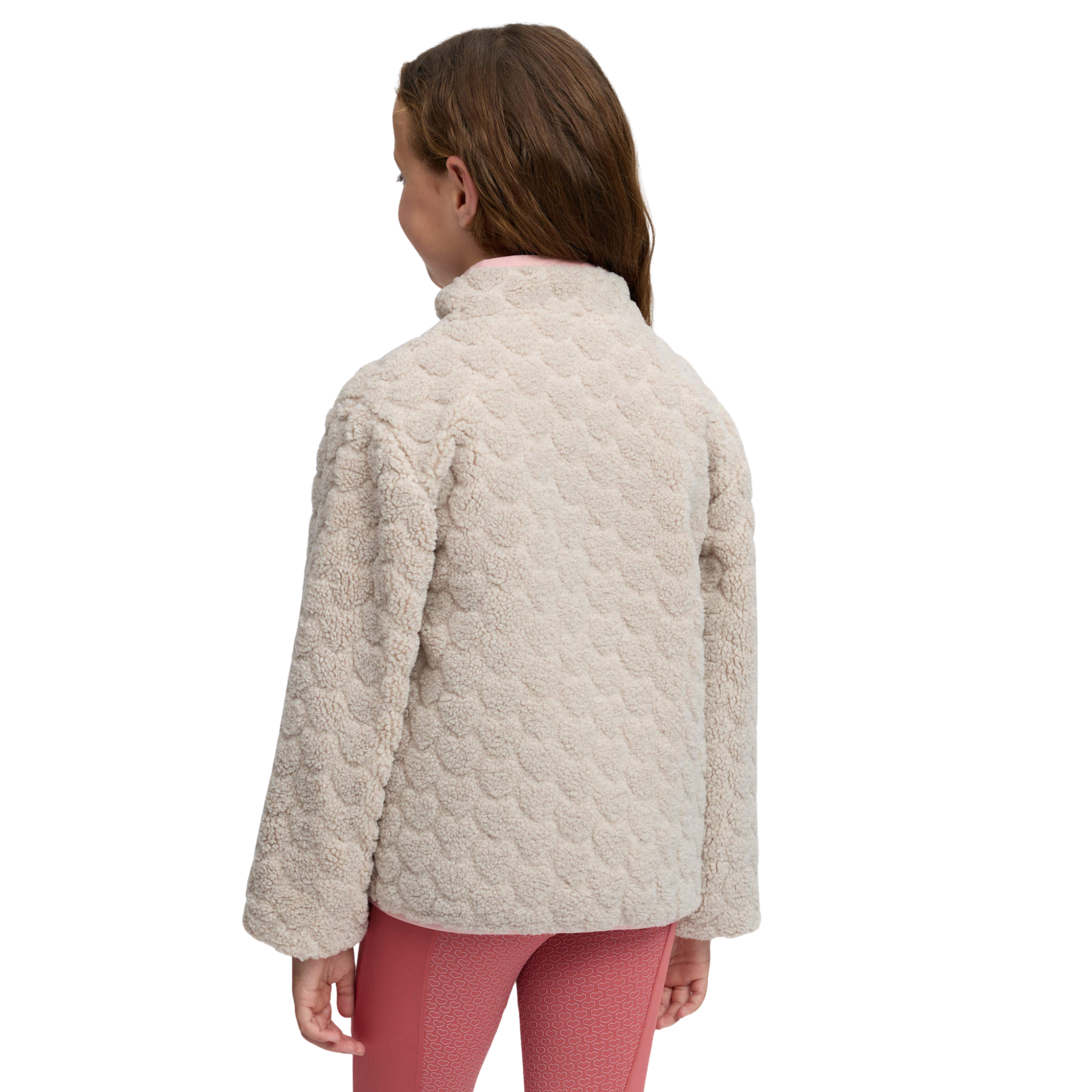 A child model shown from the back wearing a cream-colored textured fleece jacket and pink leggings against a plain white background.