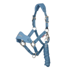 A light blue LeMieux horse halter with silver metal hardware and a matching blue lead rope, displayed on a clean white background.