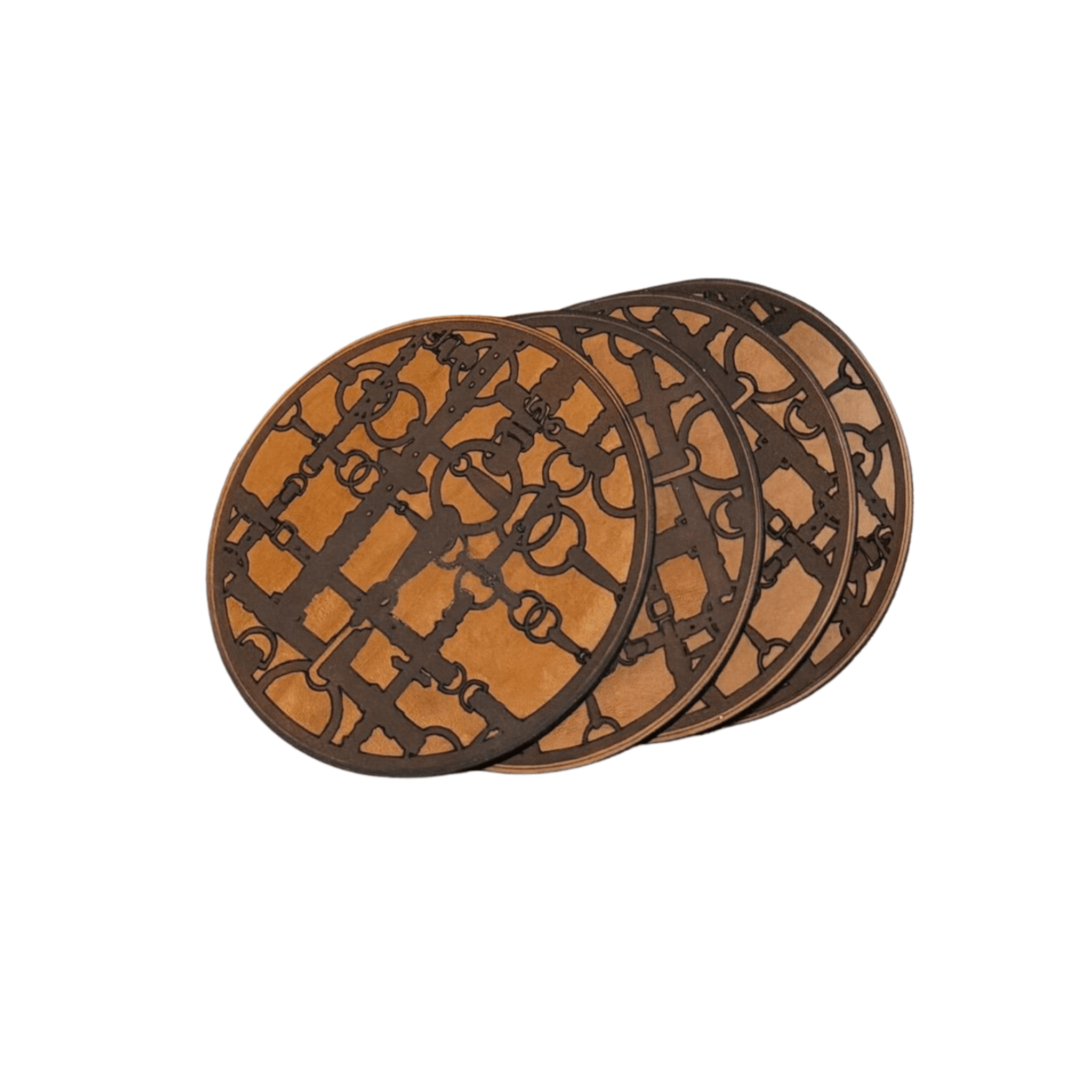 Set of three round leather coasters with metal design on a white background