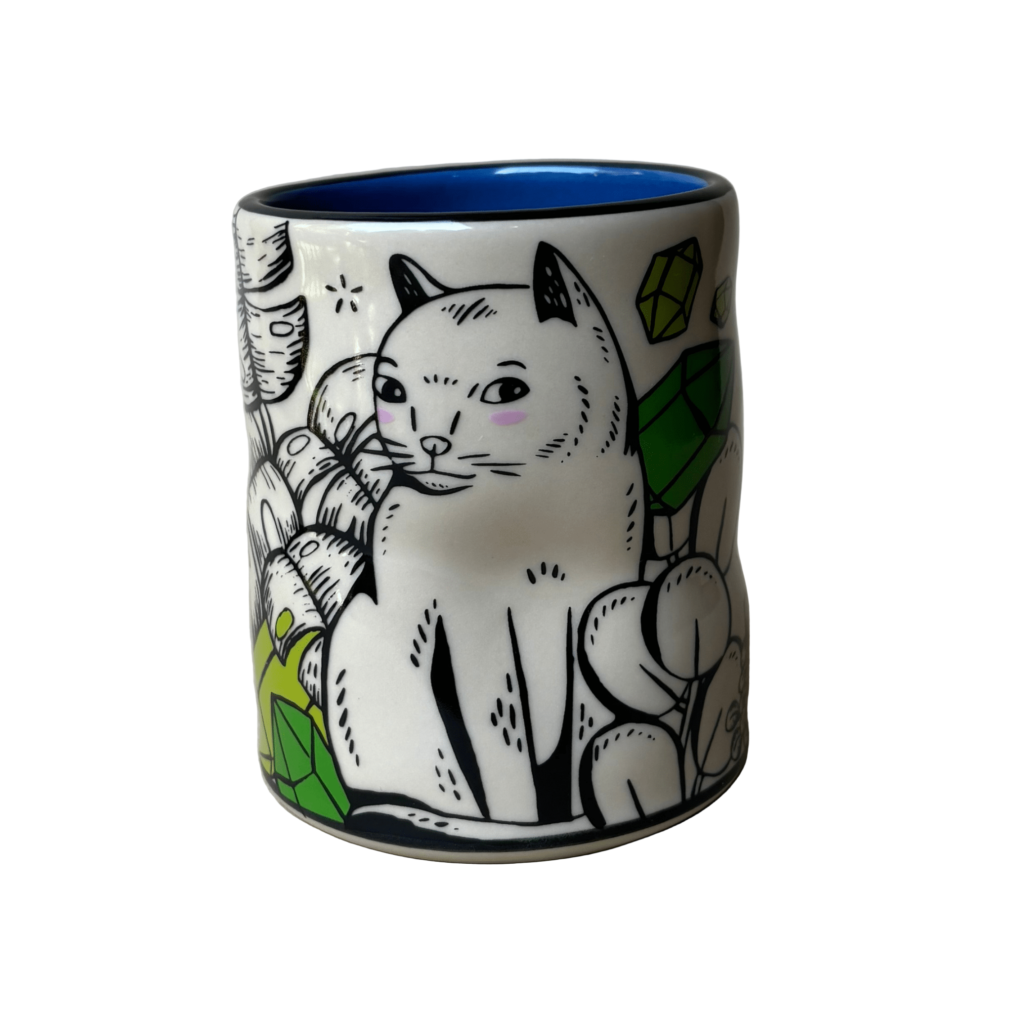 Ceramic mug with a cat illustration on a plain background