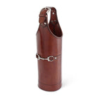 Brown leather boot jack with silver hardware on a white background