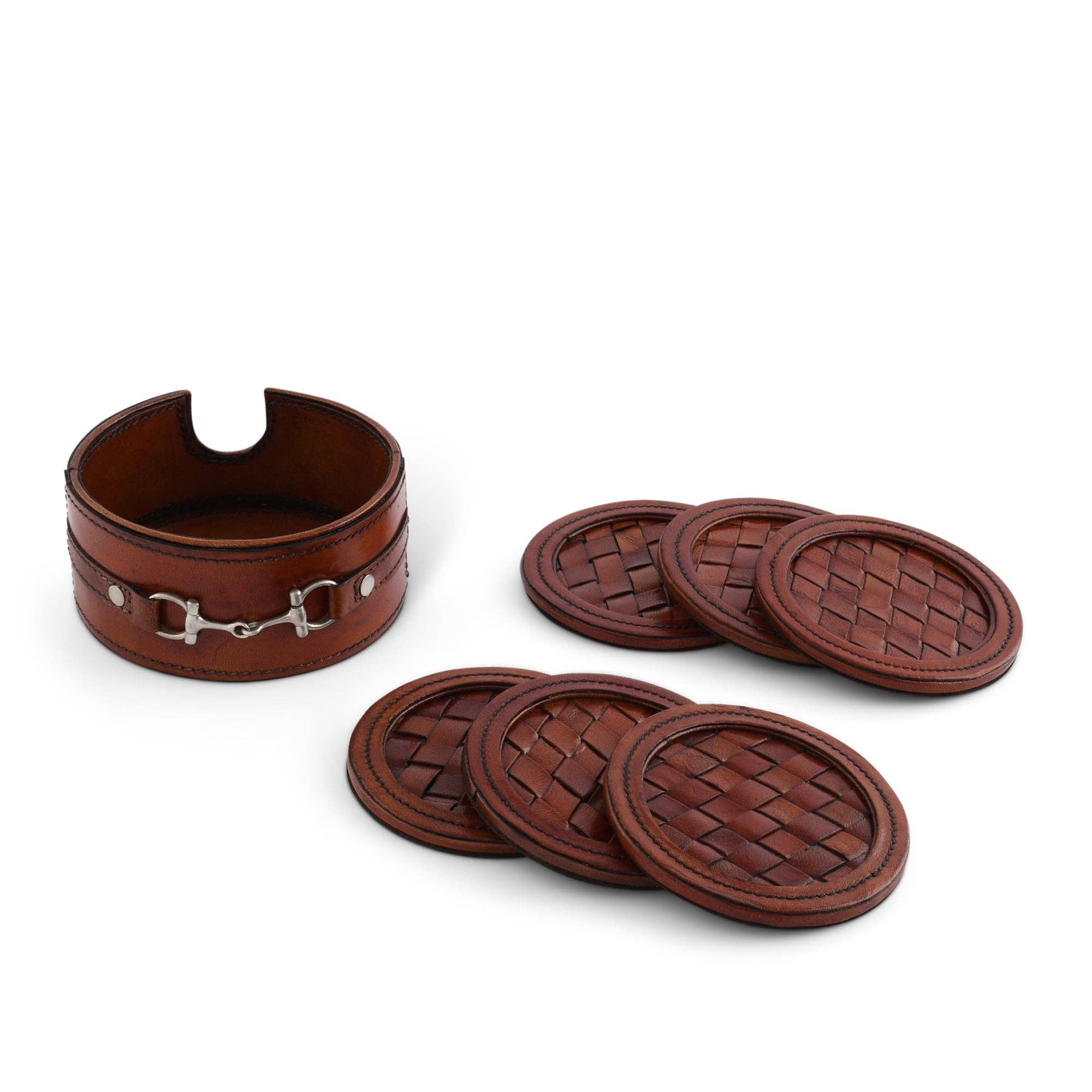 Set of brown leather coasters with woven design and a holder on a white background