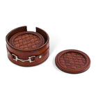 Brown leather coaster set with woven design on a white background