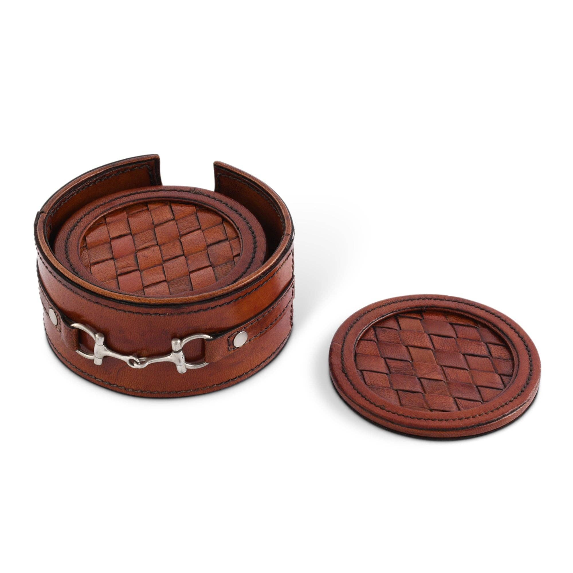 Brown leather coaster set with woven design on a white background