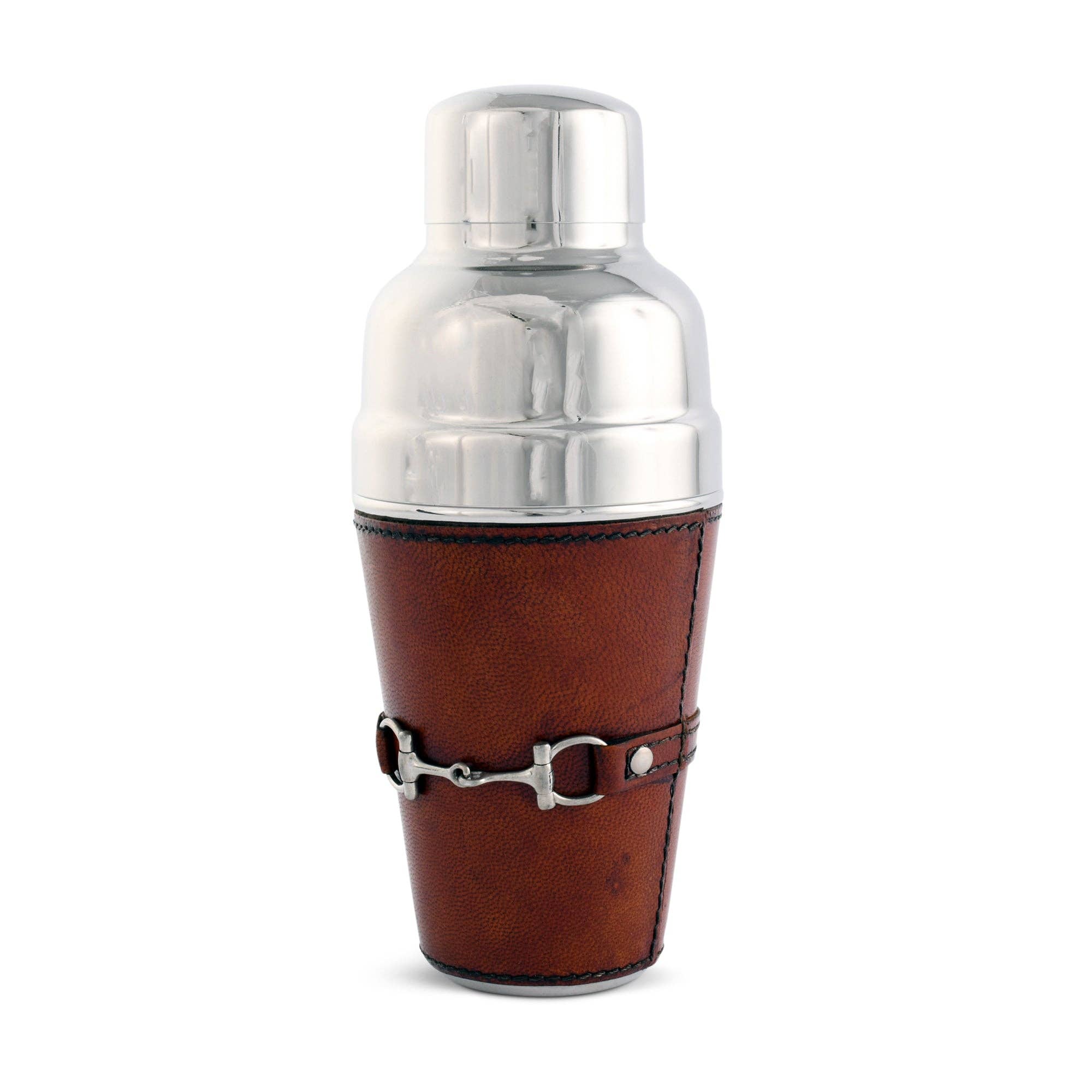 Cocktail shaker with brown leather wrap and silver accents on a white background