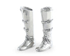 Pair of silver knee-high boots with buckles on a white background